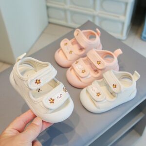 Kids Girls Casual Cute Flower Velcro Flat Cover Toe Sandals
