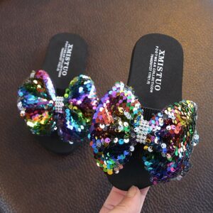 Girls Sequin Bow Decor Princess Slippers