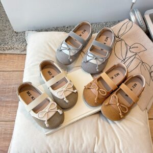 Kids Girls Casual Cute Square-Toe Color Matching Bow Flat Shoes