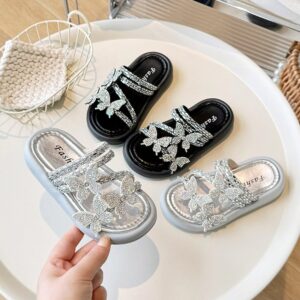 Kids Girls Casual Cute Rhinestone Butterfly Flat Slippers