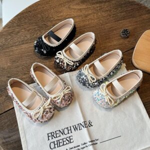 Kids Girls Casual Cute Square-Toe Sequins Bow Flat Shoes
