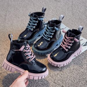 Kids Fashion Lace Up Color-soled Bright PU Fleece-lined Warm Short Boots