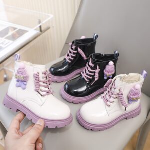 Kids Girls British Style Fashion Casual Cute Fleece Lace-Up Thick-Soled Boots