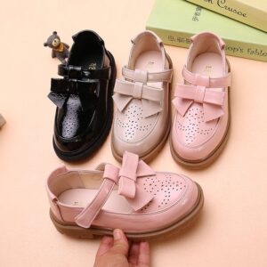 Kids Girls Casual Cute British Style Bow Velcro Round-Toe Flat PU Leather Shoes