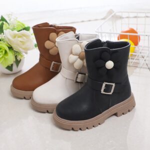 Kids Girls Autumn Winter Fashion Casual Flower Round-Toe Zipper Versatile Short Boots