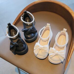 Kids Girls Casual Cute Square-Toe Pearl Bow Flat Slip On Shoes