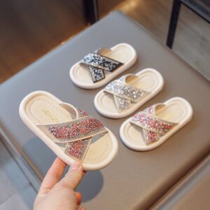 Kids Girls Casual Cute Rhinestone Flat Thick-Soled Slippers