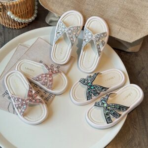 Kids Girls Casual Cute Rhinestone Flat Thick-Soled Slippers