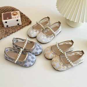 Children Girls Embroidered Pearl Flats Shoes