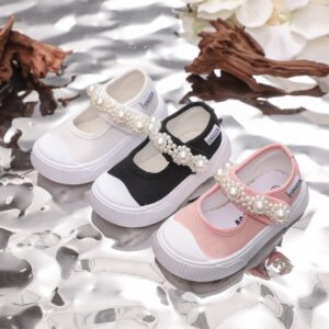 Kids Girls Fashion Casual Pearl Flat Thick-Soled Velcro Canvas Shoes
