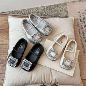 Kids Girls Fashion Casual Square-Toe Flat Slip On Rhinestone Ballet Shoes