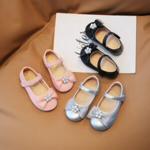 Children Kids Baby Fashion Girls Mesh Pearl Flower Bow Pu Leather Flat Shoes