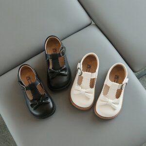 Girls Cute Bow Solid Color Soft Bottom Velcro PU Flats