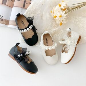 Kids Girls Sweet Pearl Bowknot Wedding Party Velcro Princess Flats