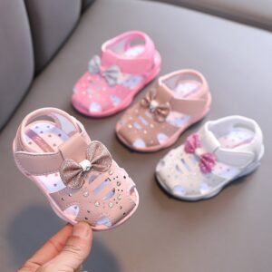 Girls Cute Bow Decor Hollow Out Soft Bottom Velcro Princess Sandals