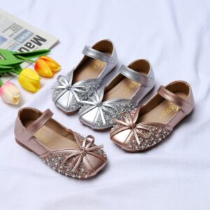 Girls Sweet Rhinestone Bow Soft Sole Velcro PU Flats