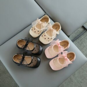Girls Cute Mesh Heart Pattern Breathable Bow Princess Flats
