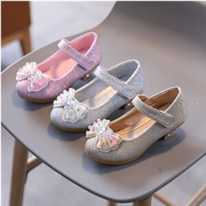 Girls Retro Crystal High-heeled Velcro Design Shoes