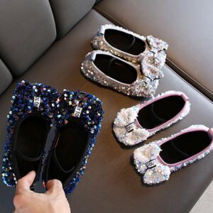 Girl Shiny Sequin Bow Decoration PU Flat Shoes