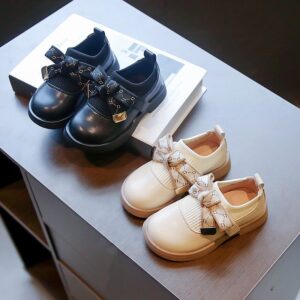 Kids Girls Casual Preppy Bow Slip On Low Heel PU Shoes