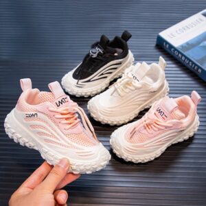 Kids Boys Girls Casual Cute Sports Mesh Cloth Round-Toe Lace-Up Thick-Soled Luminous Sneakers