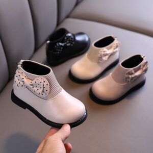 Kids Girls Autumn Winter Fashion Casual Solid Color Bow Round-Toe Ow Heel PU Thick-Soled Slip On Zipper Combat Boots