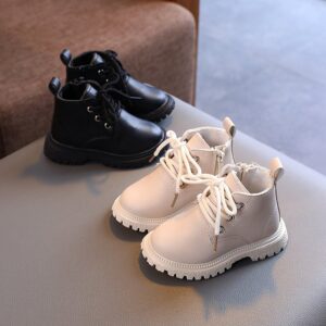 Kids Boys Girls Autumn Winter Fashion Casual Solid Color Round-Toe Flat PU Thick-Soled Lace-Up Zipper Combat Boots