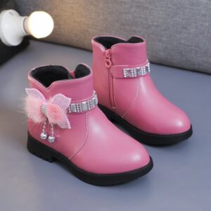 Kids Girls Autumn Winter Fashion Casual Solid Color Bow Pointed-Toe Flats Zipper Platform Shoes Snow Short Leather Boots