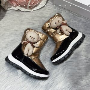 Kids Boys Girls Autumn Winter Fashion Casual Solid Color Bear Pointed-Toe Flats Slip On Velcro Platform Shoes Snow Short Boots