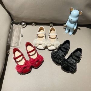 Kids Girls Spring Fashion Cute Bow Solid Color PU Square-Toe Low Ankle Strap Shoes