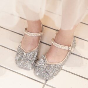 Kids Girls Spring Fashion Cute Bow Sequins Square-Toe Flat Ankle Strap Shoes