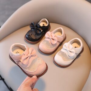 Children Kids Baby Fashion Girls Cute Bowknot Soft Bottom Round Toe Pu Leather Princess Shoes