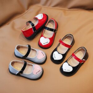 Children Kids Baby Fashion Girls Heart Soft Bottom Round Toe Pu Leather Princess Shoes