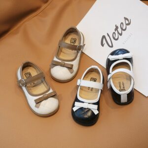 Children Kids Baby Fashion Girls Cute Bowknot Soft Bottom Round Toe Pu Leather Princess Shoes