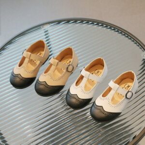 Children Kids Baby Fashion Girls Matching Color Hollow Princess Pu Leather Flat Shoes