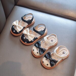 Children Kids Baby Fashion Girls Cute Dot Bow Pu Leather Flat Sandals Shoes