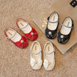 Children Kids Baby Fashion Girls Pu Leather Pearl Bowknot Princess Shoes