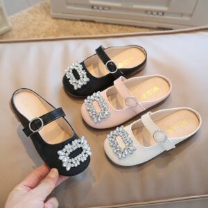 Children Kids Toddlers Fashion Girls Rhinestones Design Slippers Princess Pu Leather Shoes