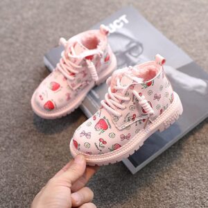 Girls Cute Strawberry Pattern Tie Rope Design Plush Boots