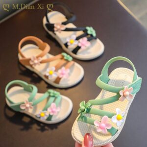 Summer Little Girls Sandals New Flower Simple Cute Pink Green Children Sandals