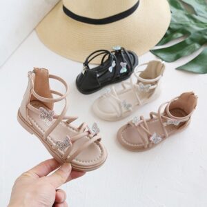 Kids Girls Simple Rhinestone Butterfly Design Soft Bottom Sandals