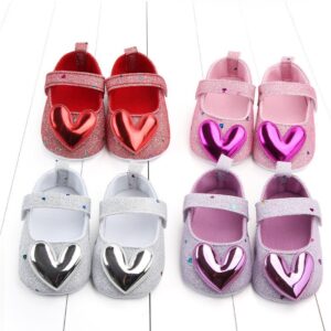 Girls Cute Heart Decor Sequin Velcro First Walkers