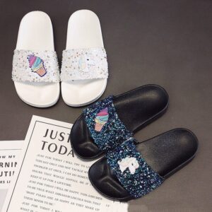 Girls Cartoon Pattern Sequined Rhinestone Decorative Slippers