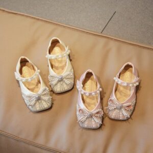 Children Kids Baby Fashion Girls Pearl Bow Knot Princess Flat Shoes