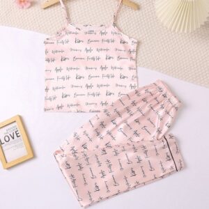 Girls Summer Two-Piece Silk-Like Satin Cherry Floral Printed Pajamas