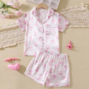 Girls Silk-Like Satin Love Print Short-Sleeved Pink Pajamas