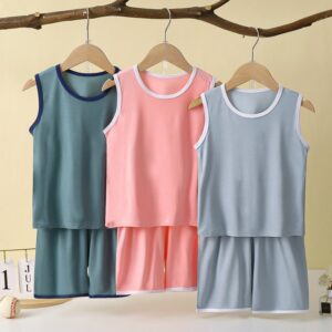 Kids Boys Girls Solid Color Summer Ice-Silk Sleeveless Loungewear