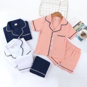Toddlers Newborn Baby Boys Girls Solid Color Pit Strip Short-Sleeved Lapel Top And Shorts Pajamas Set