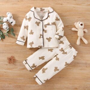 Children Kids Toddlers Girls Long-Sleeved Bear Print Pajama Set