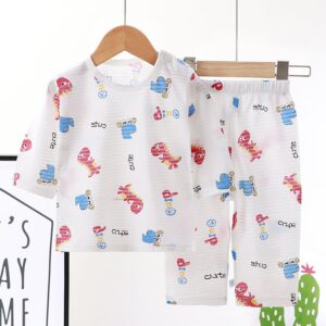 Kids Cute Cartoon Pattern Round Neck Long Sleeve Breathable Top And Elastic Pants Pajama Set